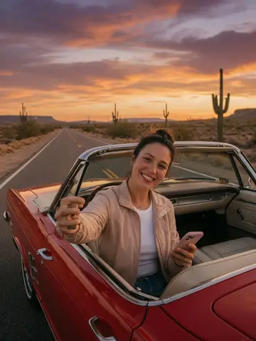 Exempel på Roadtrip-film: Personen sitter bakom ratten i en röd veterancab på en öde ökenmotorväg i solnedgången, med filmisk look.