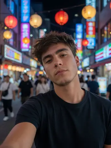 Exempel på Tokyonätter: Personen står på en livlig gata i Tokyo på natten med lysande lyktor, suddiga neonljus och folkmassor bakom sig, utan läsbara skyltar.