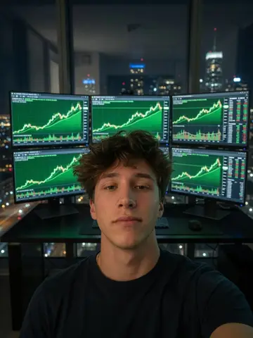 Exempel på Tradingbordet: Personen sitter vid ett tradingbord med sex lysande skärmar fulla av gröna grafer, i ett mörkt kontor högt upp i en skyskrapa en kväll.