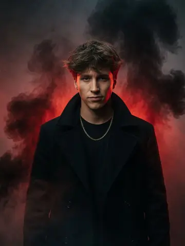 Exempel på Skurk-eran: Personen bär en lång svart rock och har en kall, självsäker blick, med virvlande mörk rök och dramatiskt rött motljus bakom sig.