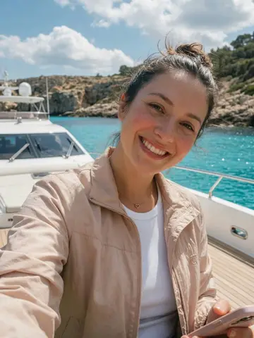 Exempel på Yachtveckan: Personen står på det soliga däcket på en stor vit yacht på turkost Medelhavsvatten, med en klippig kust i bakgrunden.